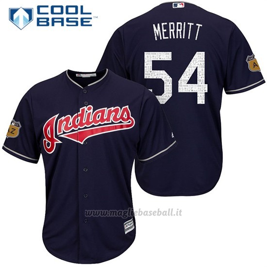 Maglia Baseball Uomo Cleveland Indians Ryan Merritt 54 Blu 2017 Allenamento Primaverile Cool Base Giocatore